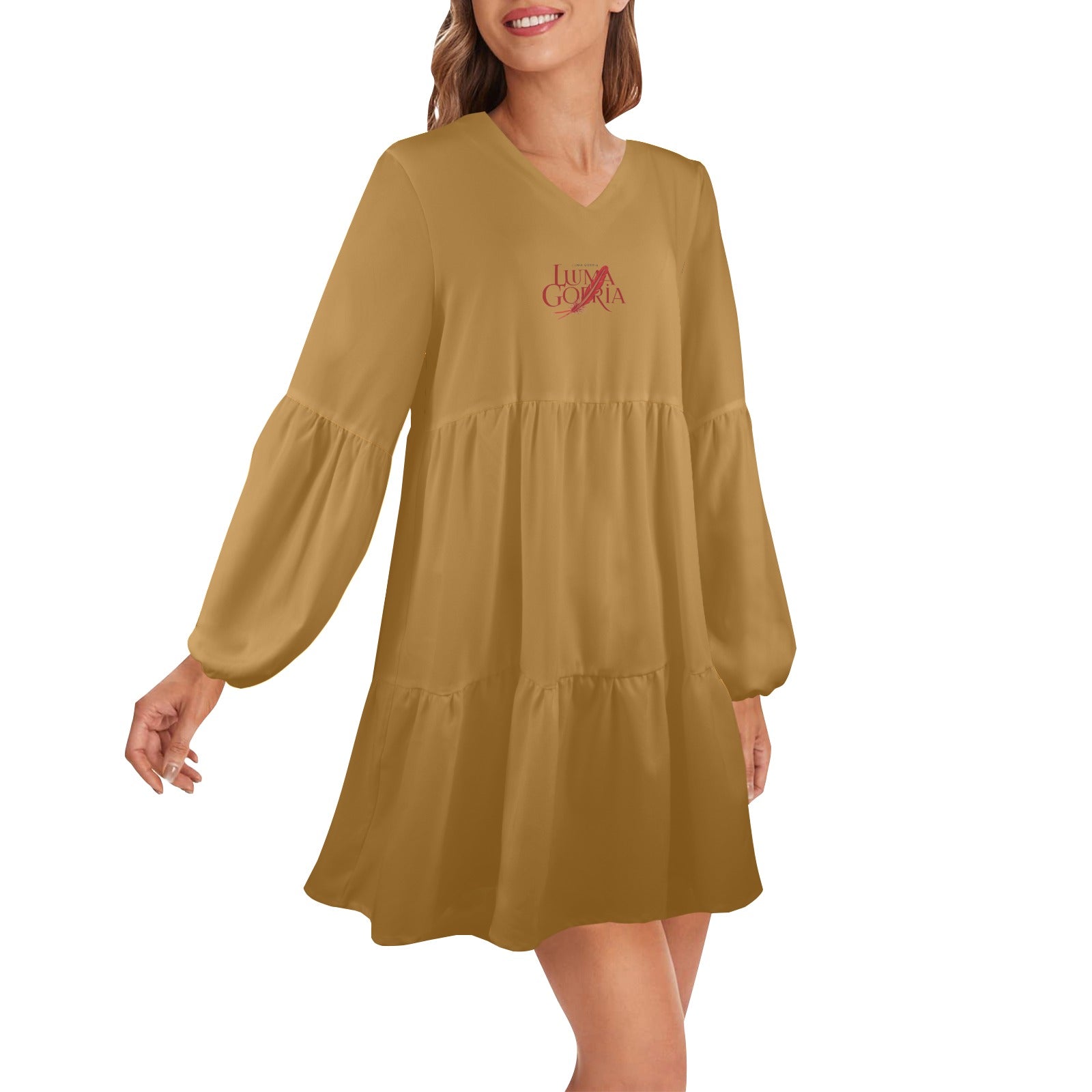Robe ample femme – Col V profond, manches longues, style chic