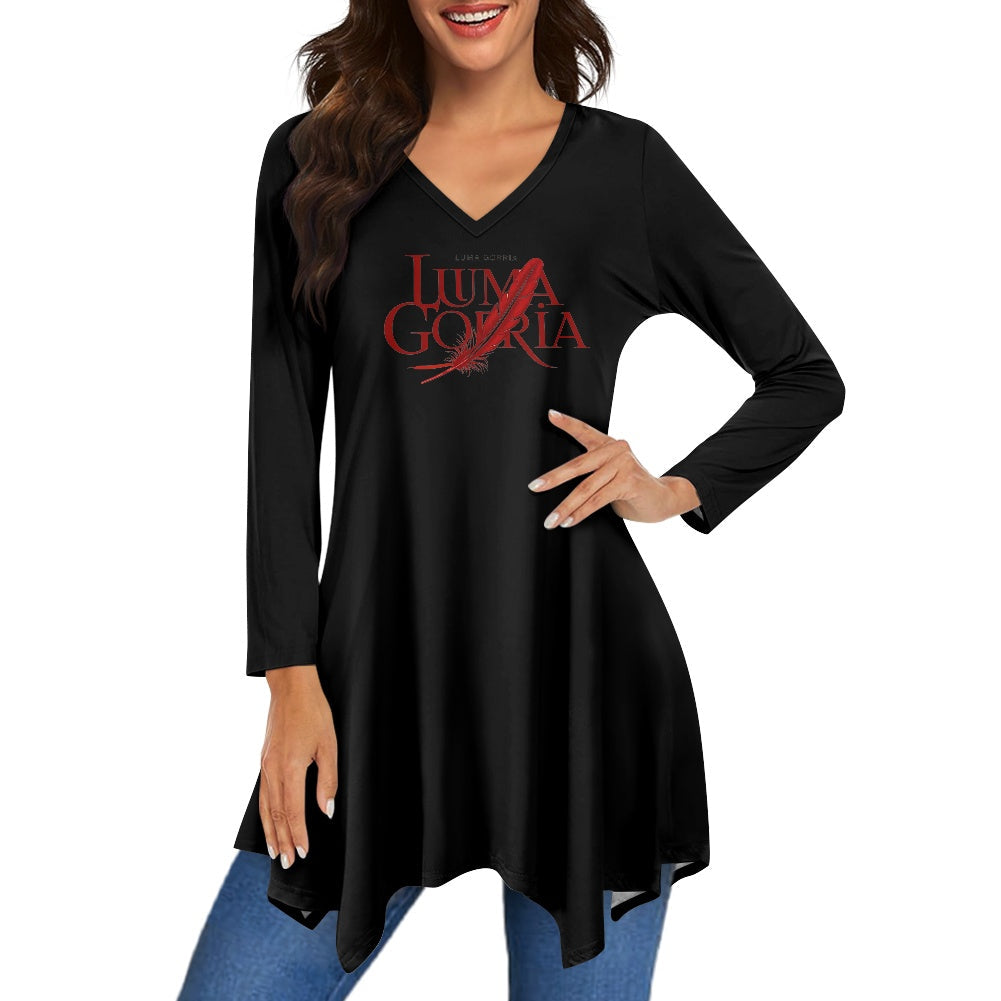 Haut long asymétrique femme – Col V, manches longues, élégant Luma Gorria vêtement 36.00 Haut long asymétrique femme Luma Gorria vêtement