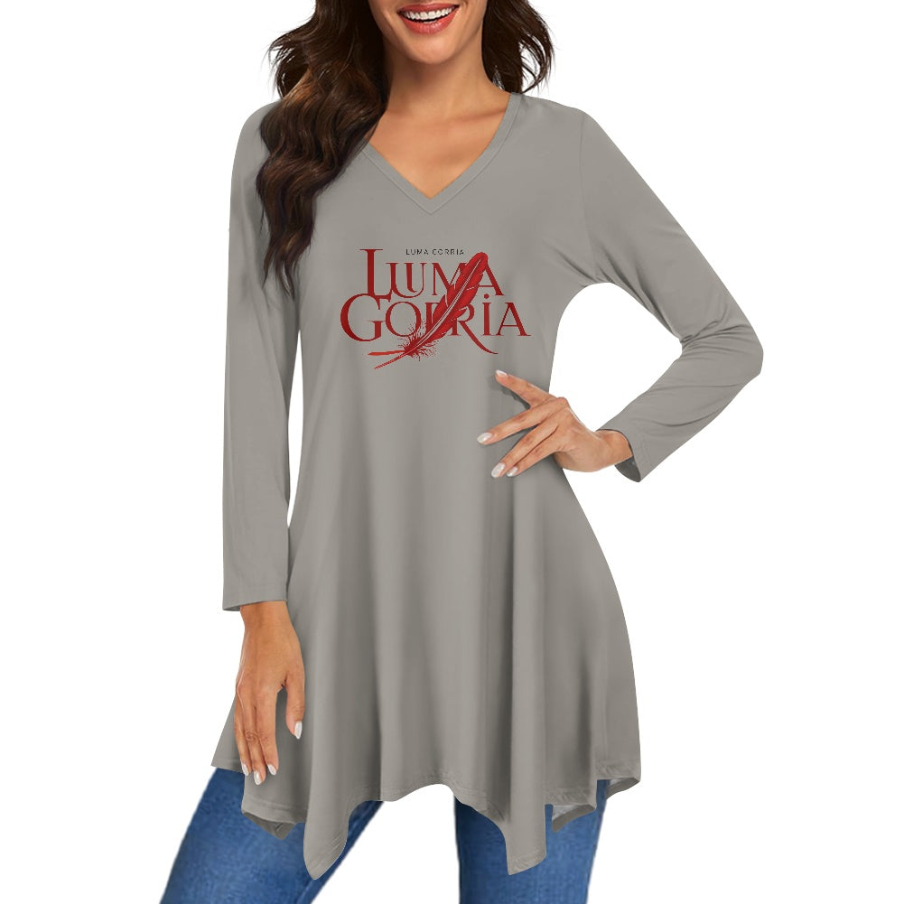 Haut long asymétrique femme – Col V, manches longues, élégant Luma Gorria vêtement 36.00 Haut long asymétrique femme Luma Gorria vêtement