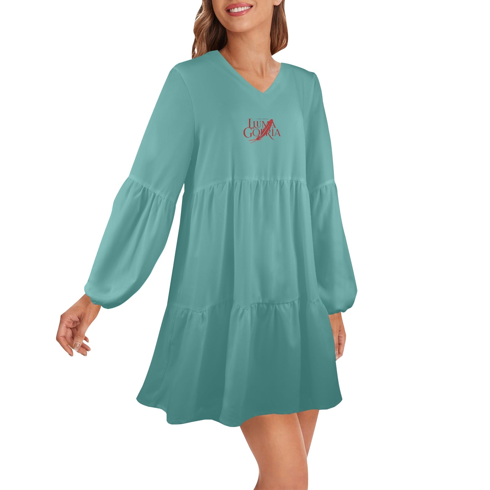 Robe ample femme – Col V profond, manches longues, style chic