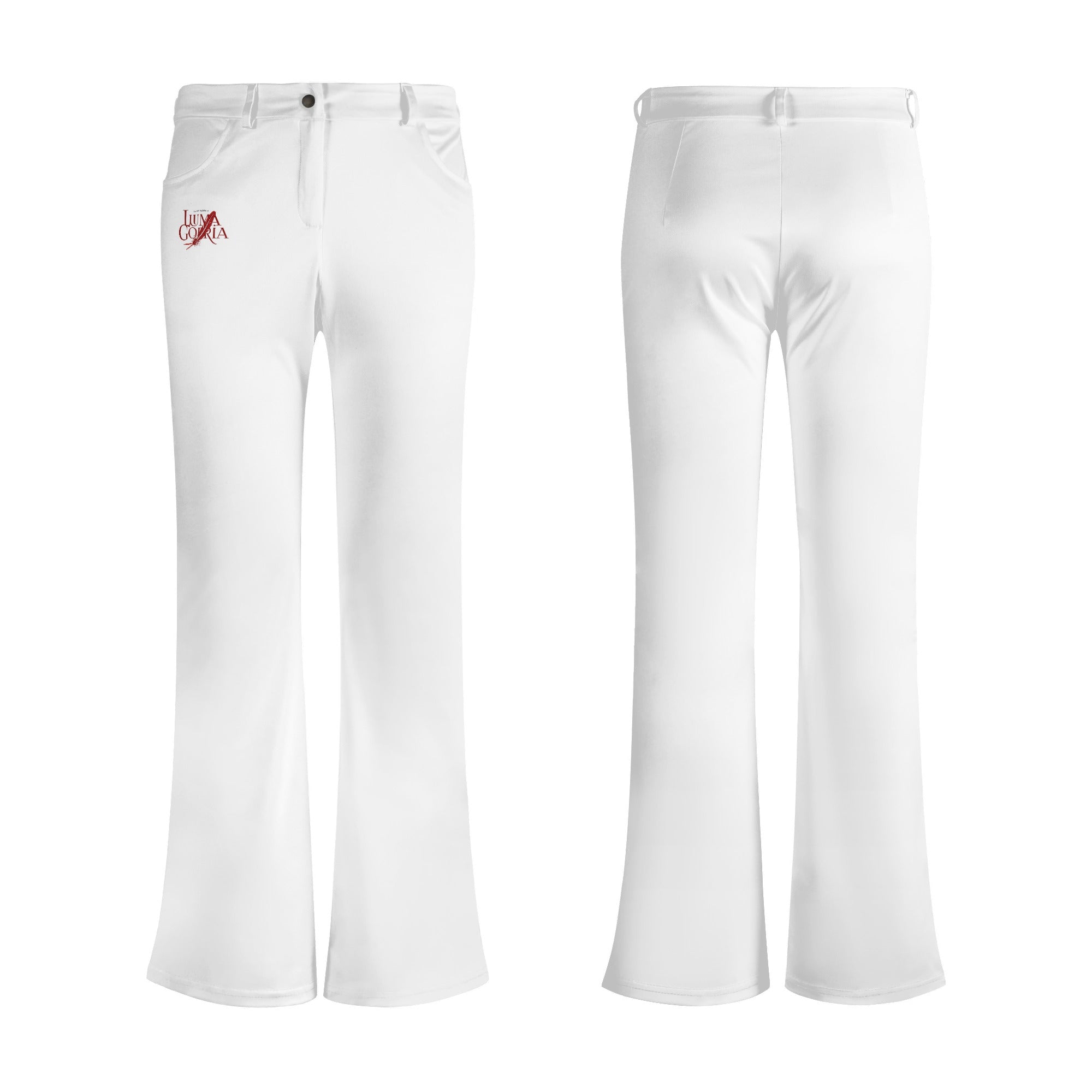 Pantalon évasé femme non porté de dos et de face colorie blanc