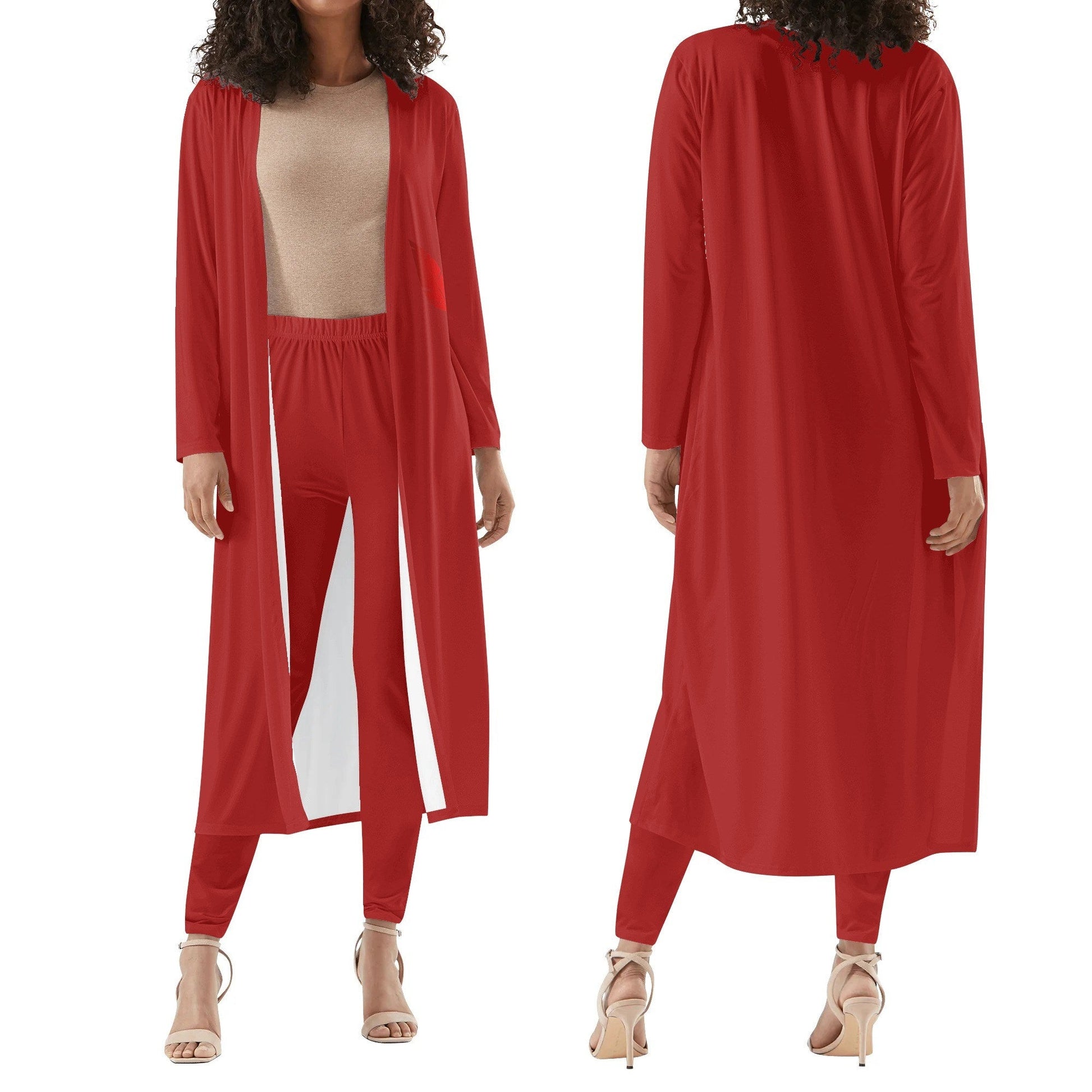 Ensemble femme – Cardigan long & legging porté de face et de dos colorie rouge
