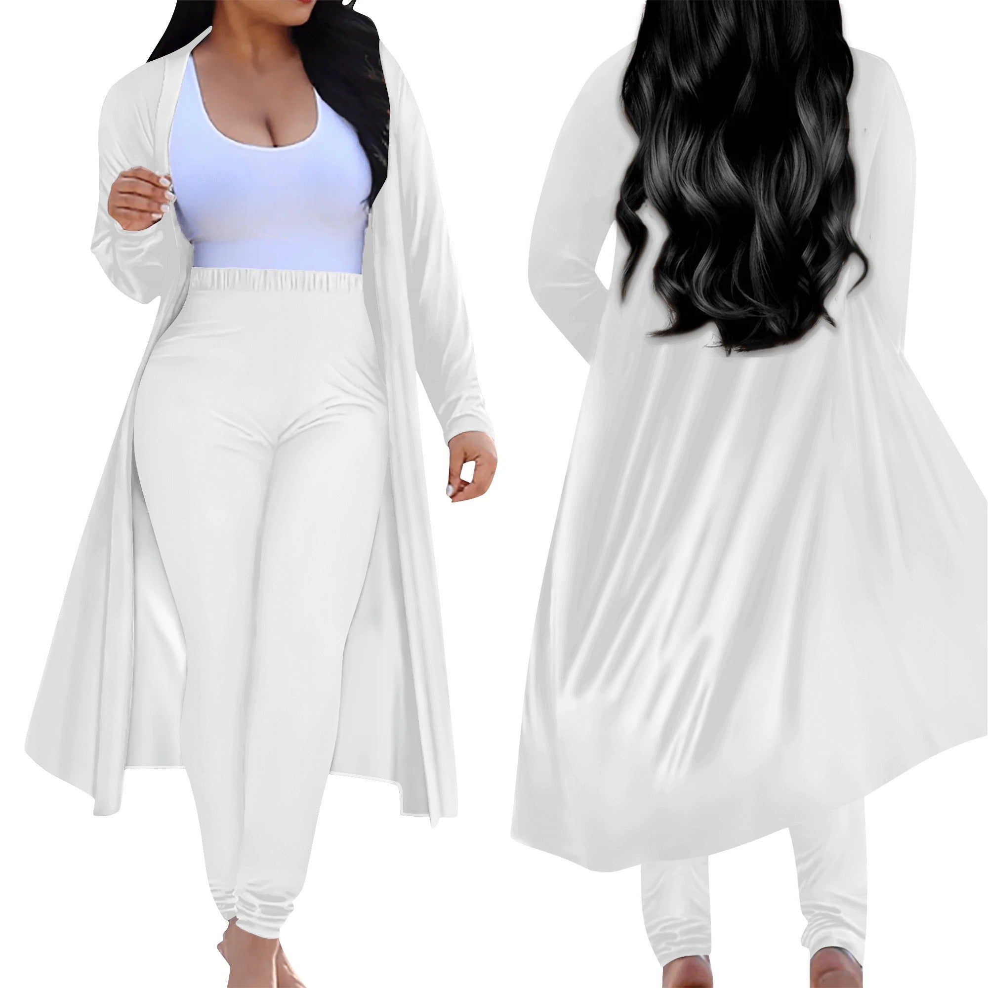 Ensemble femme – Cardigan long & legging porté de face et de dos blanc