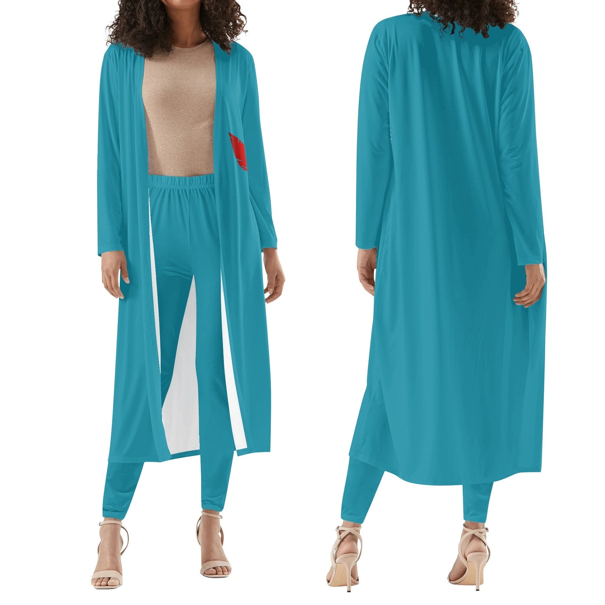 Ensemble femme – Cardigan long & legging porté de face et de dos colorie bleu