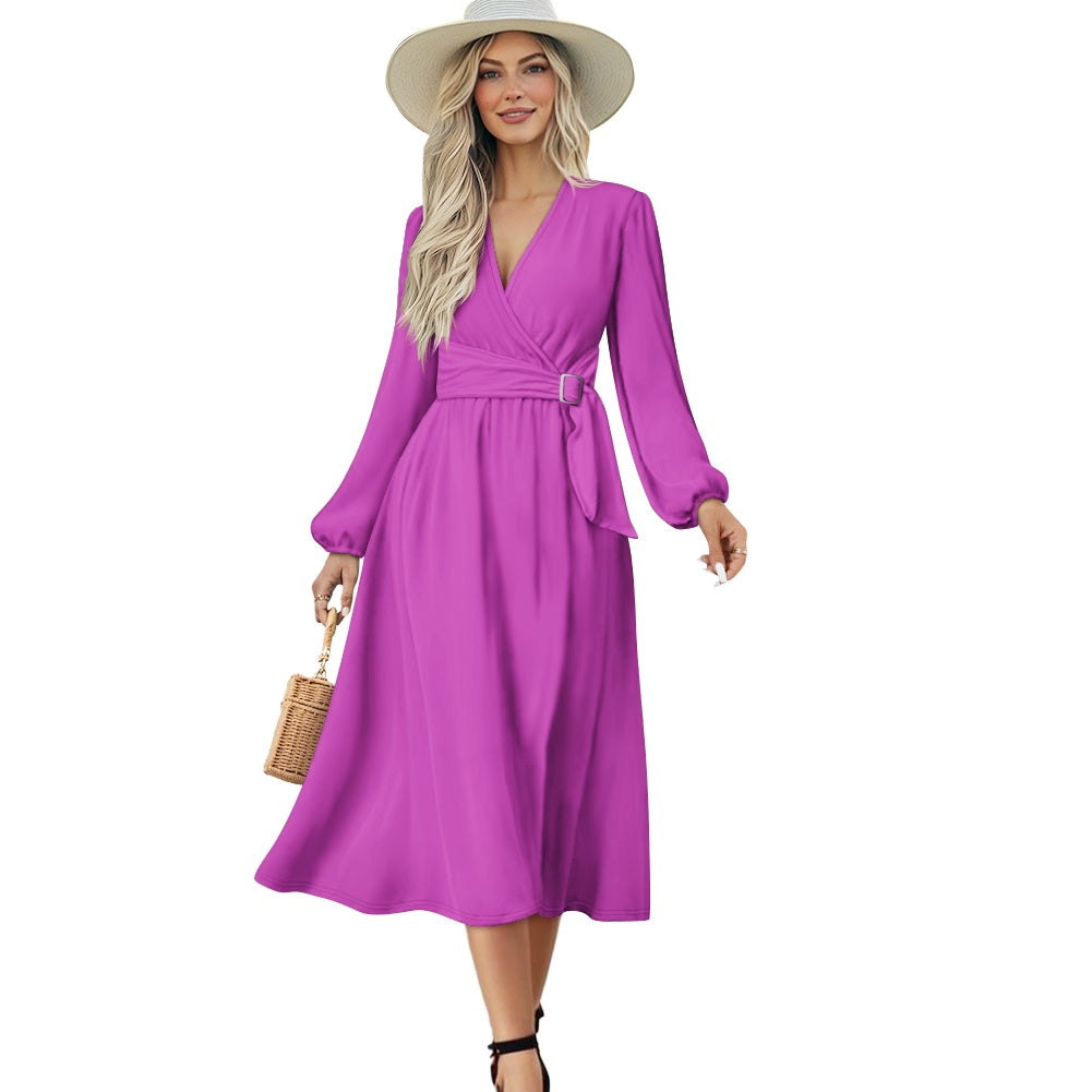 Robe midi élégante à col V avec ceinture nouée