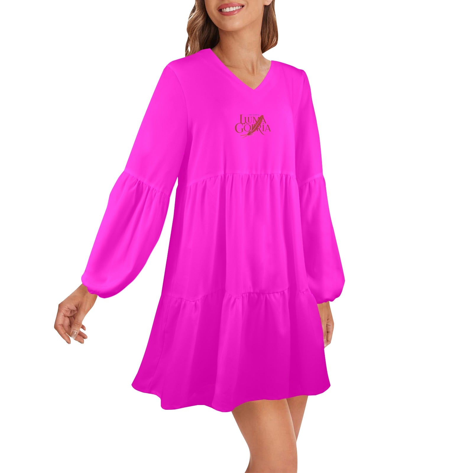 Robe ample femme – Col V profond, manches longues, style chic