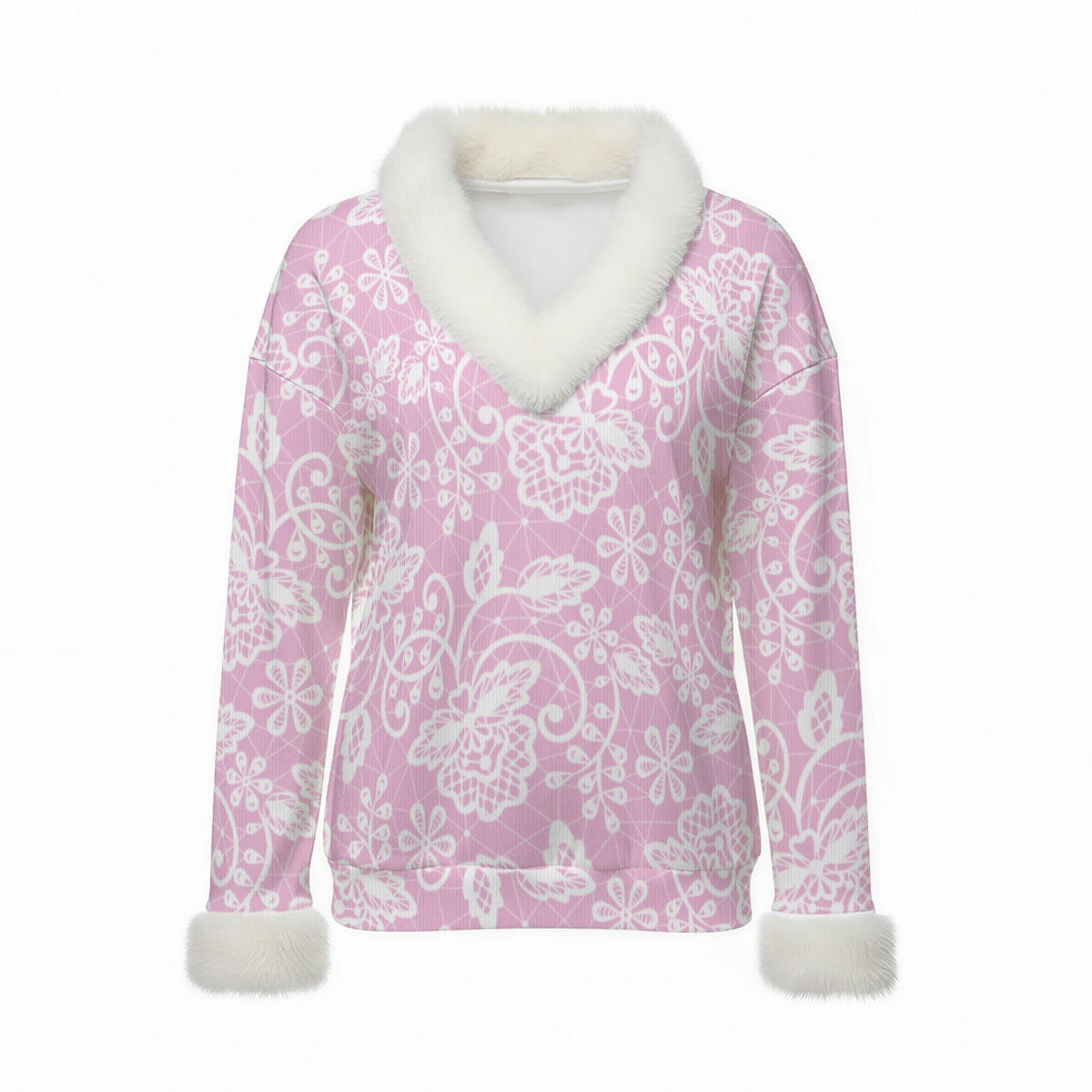 All-Over Print Women's Faux Knit V-Neck Sweater Top with Fur Trim