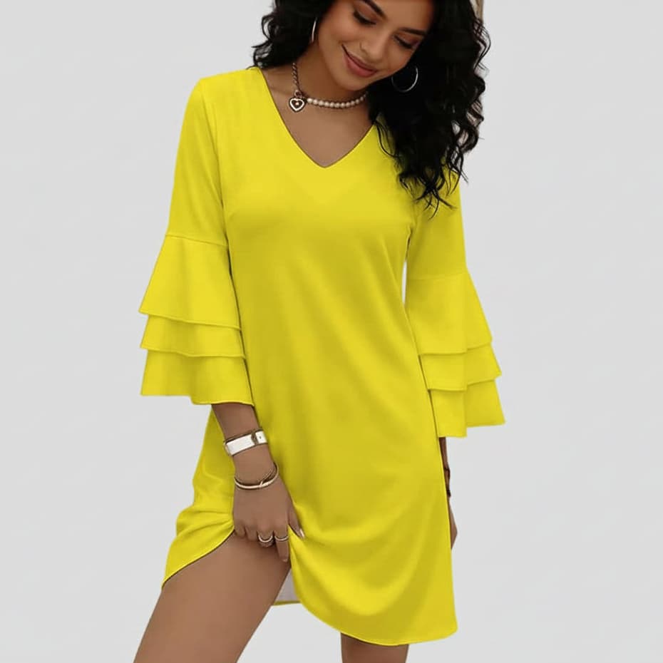 Robe femme col V manches à volants – Élégance fluide & féminité