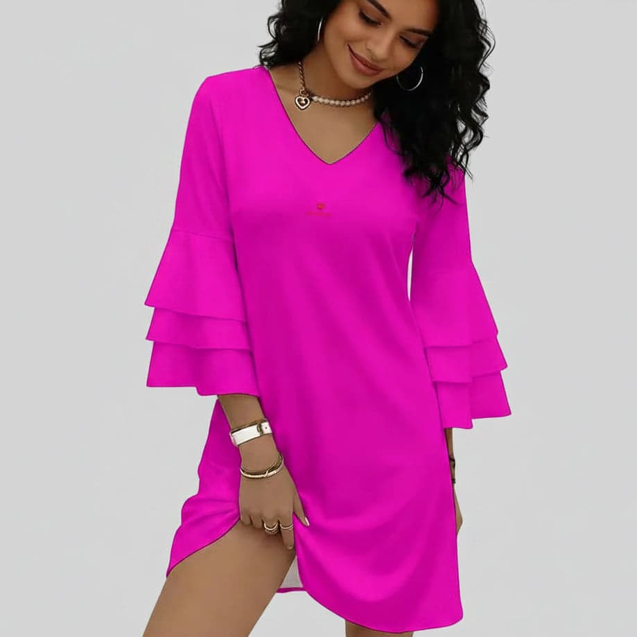 Robe femme col V manches à volants – Élégance fluide & féminité