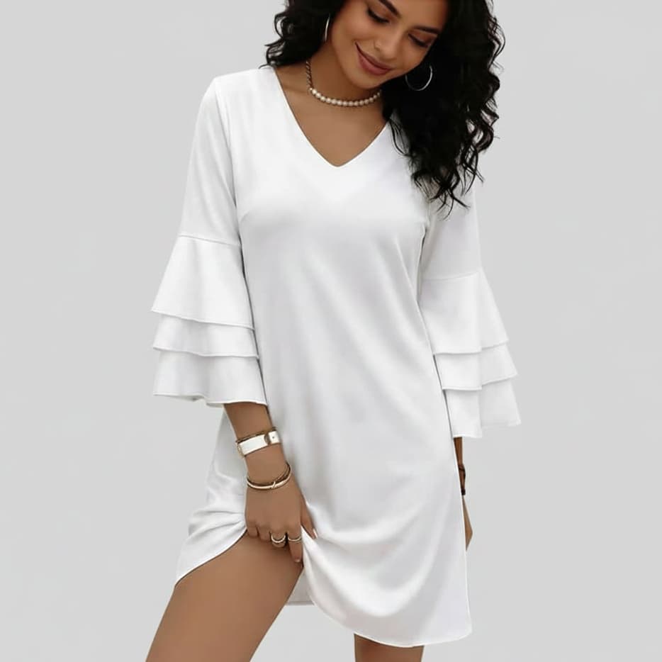 Robe femme col V manches à volants – Élégance fluide & féminité