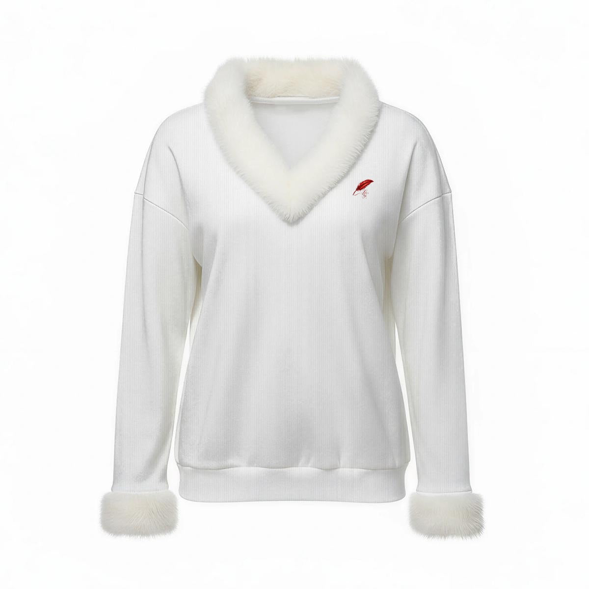Pull femme col V bordure en fourrure – Élégance & confort cocooning