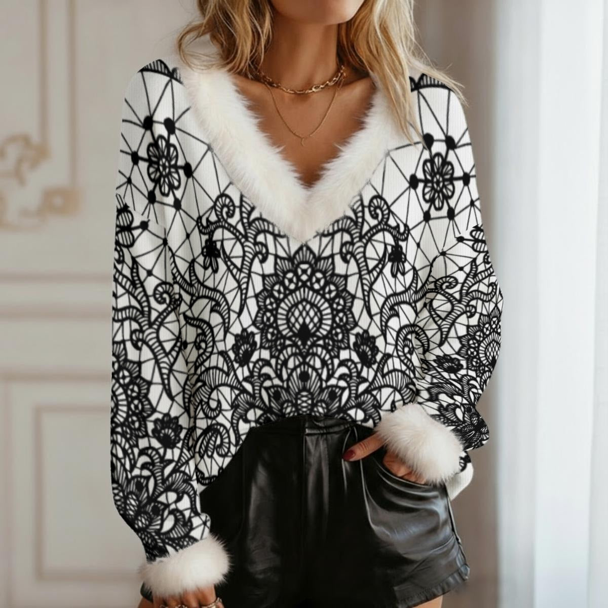 All-Over Print Women's Faux Knit V-Neck Sweater Top with Fur Trim