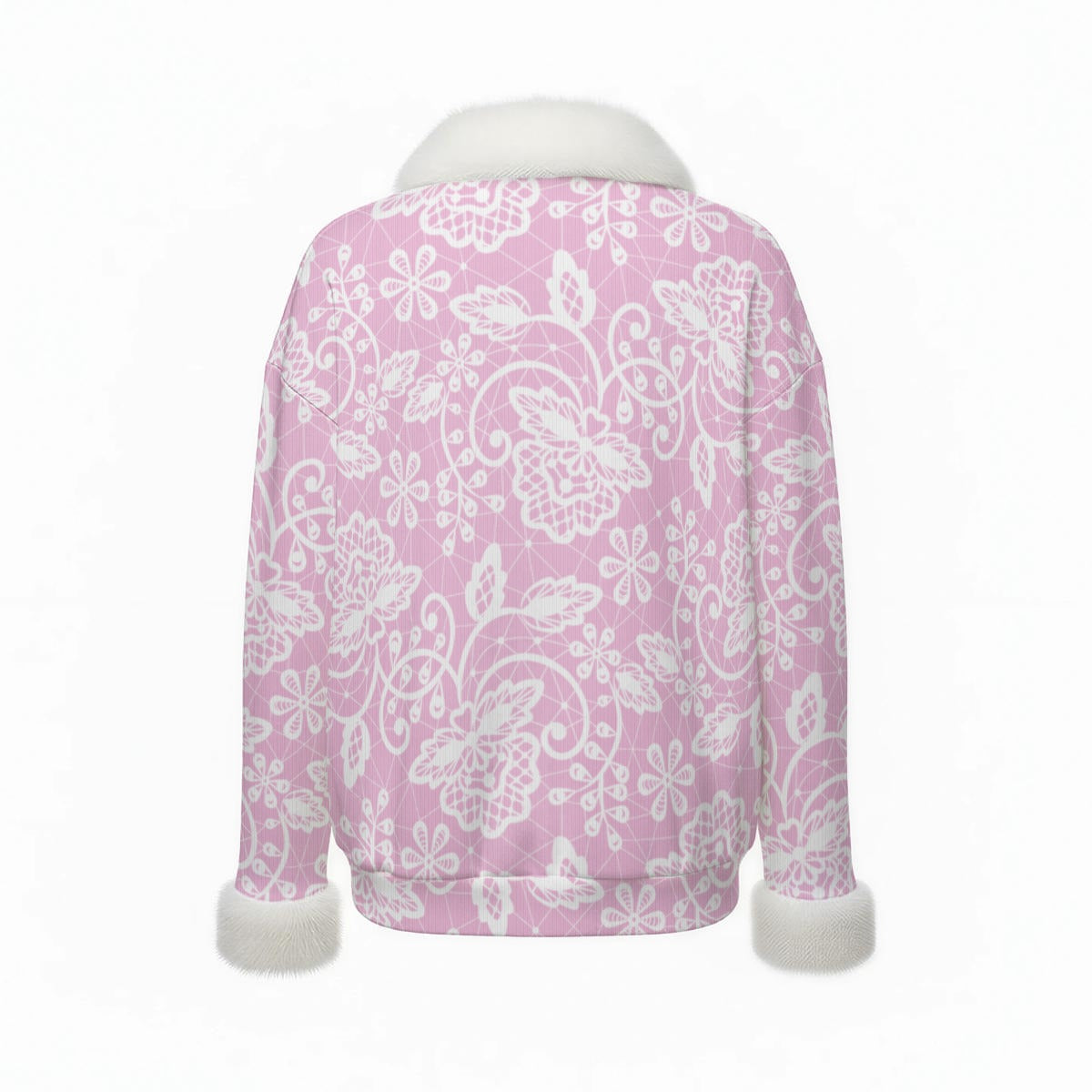 All-Over Print Women's Faux Knit V-Neck Sweater Top with Fur Trim