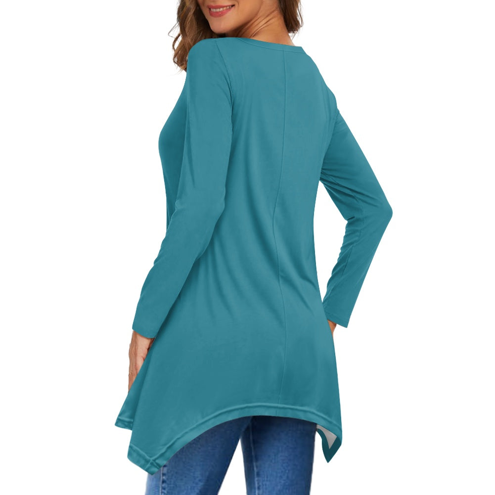 Haut long asymétrique femme – Col V, manches longues, élégant Luma Gorria vêtement  Haut long asymétrique femme Luma Gorria vêtement