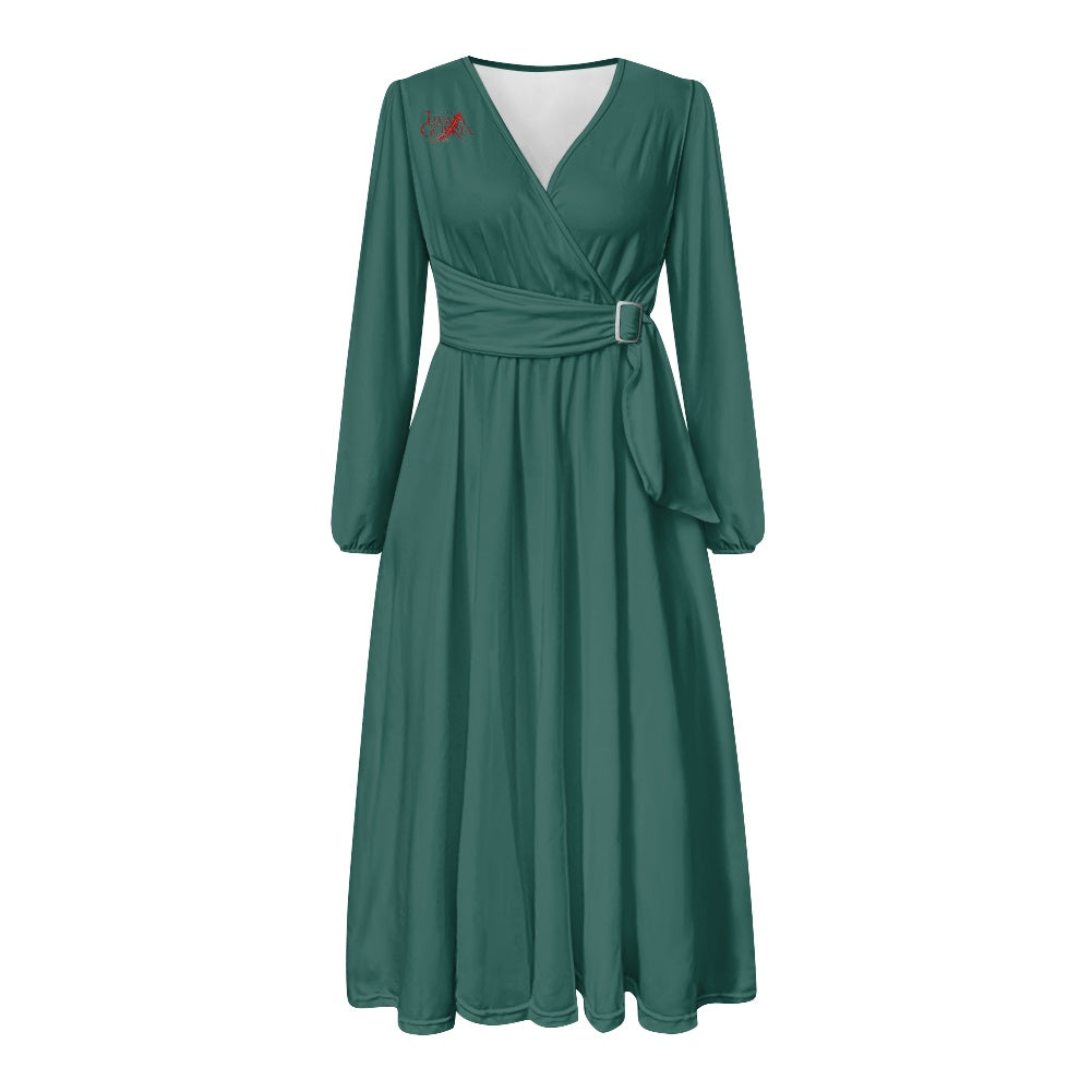 Robe midi élégante à col V avec ceinture nouée