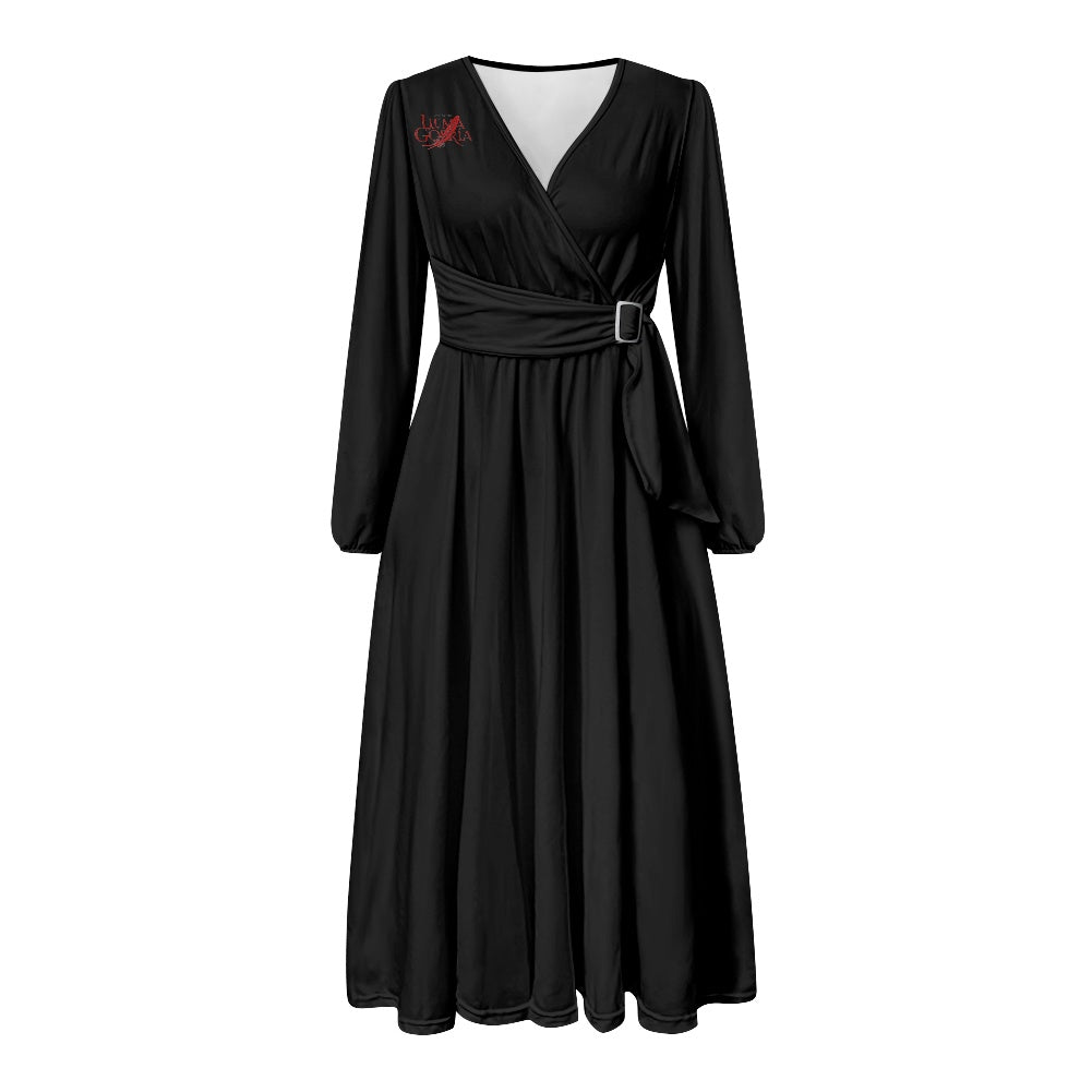 Robe midi élégante à col V avec ceinture nouée