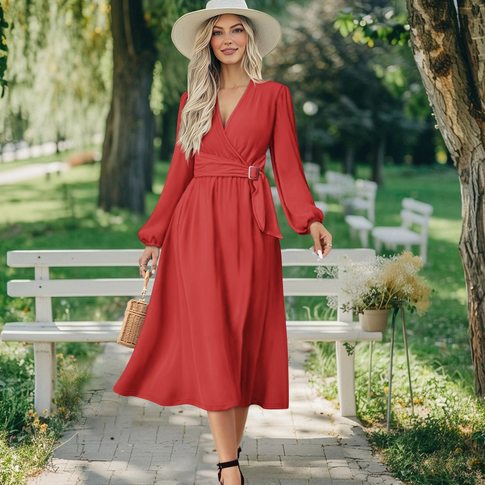 Robe midi élégante à col V avec ceinture nouée