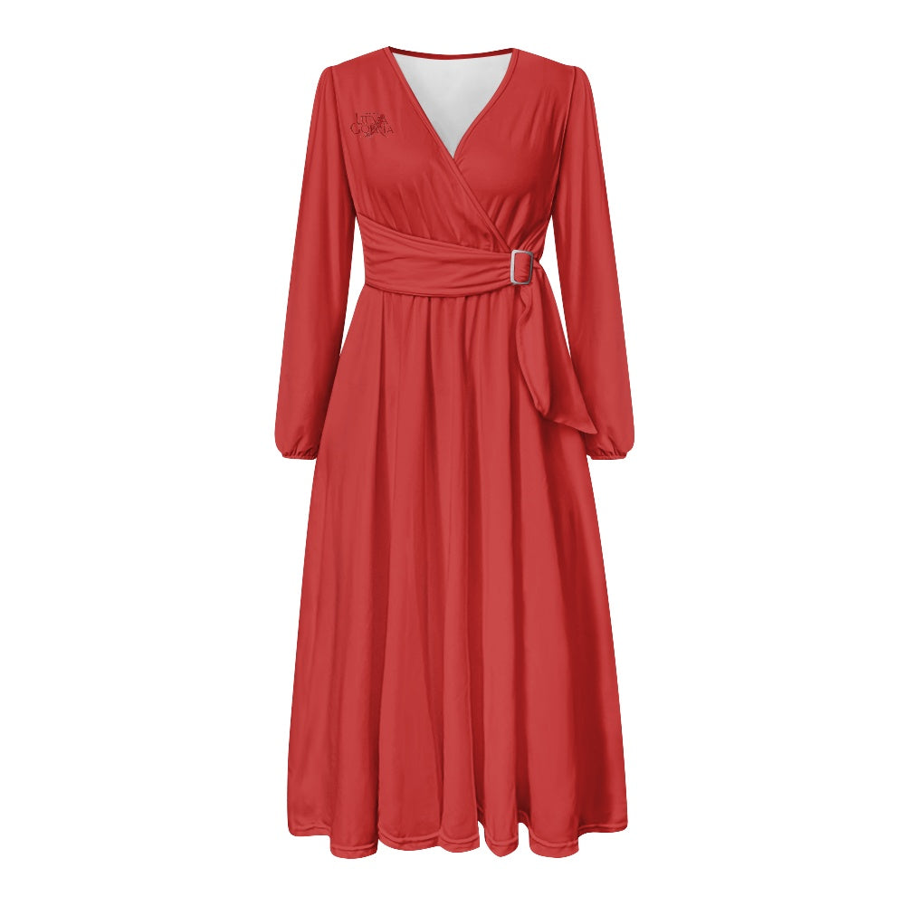 Robe midi élégante à col V avec ceinture nouée