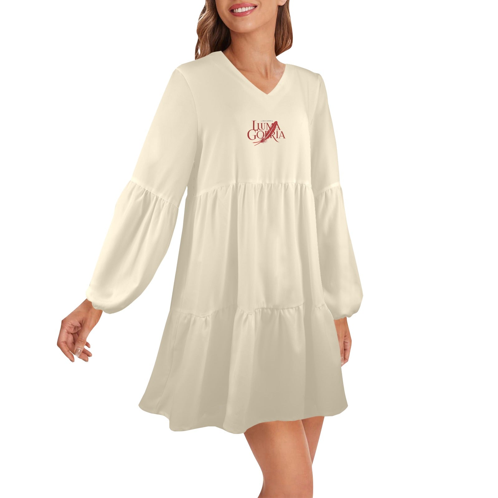 Robe ample femme – Col V profond, manches longues, style chic