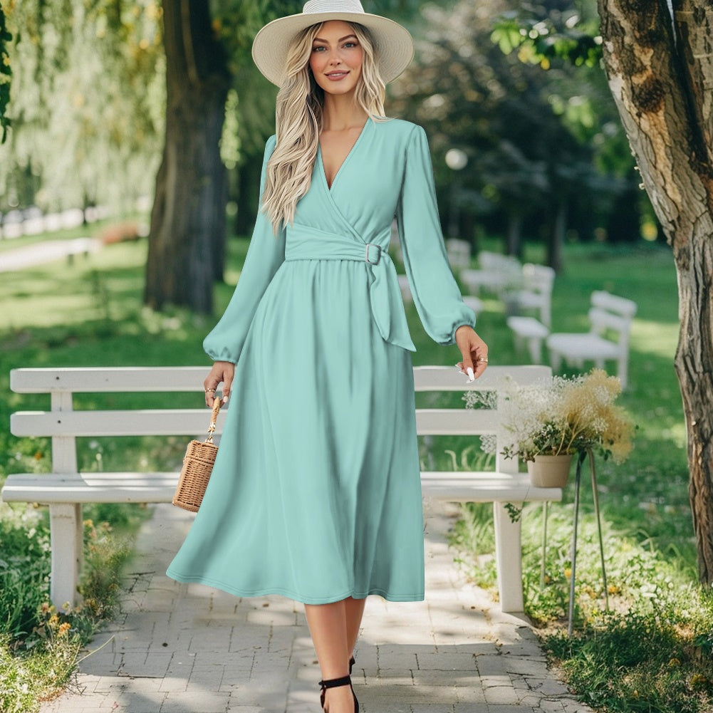 Robe midi élégante à col V avec ceinture nouée