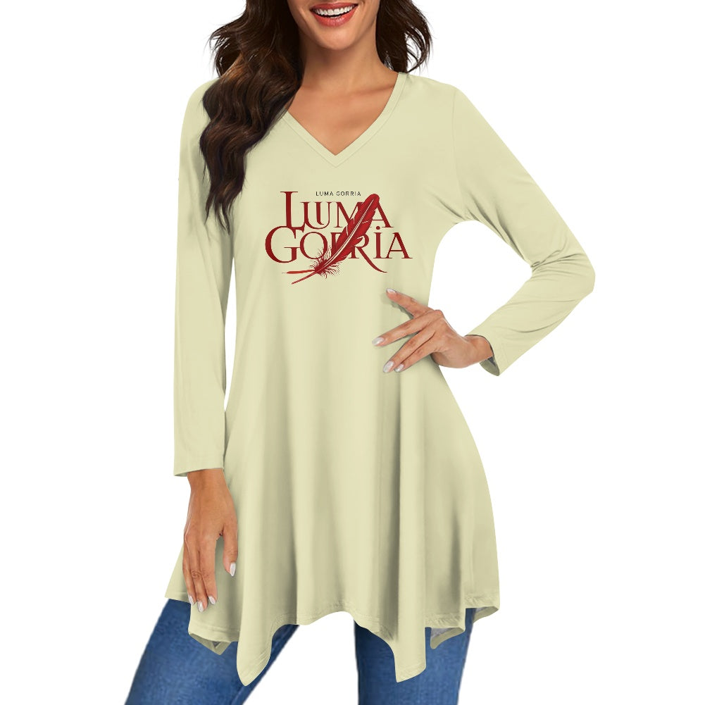 Haut long asymétrique femme – Col V, manches longues, élégant Luma Gorria vêtement 36.00 Haut long asymétrique femme Luma Gorria vêtement