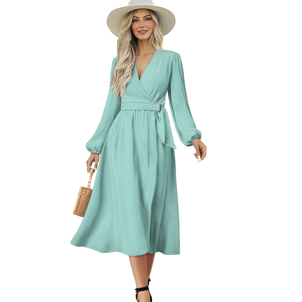 Robe midi élégante à col V avec ceinture nouée