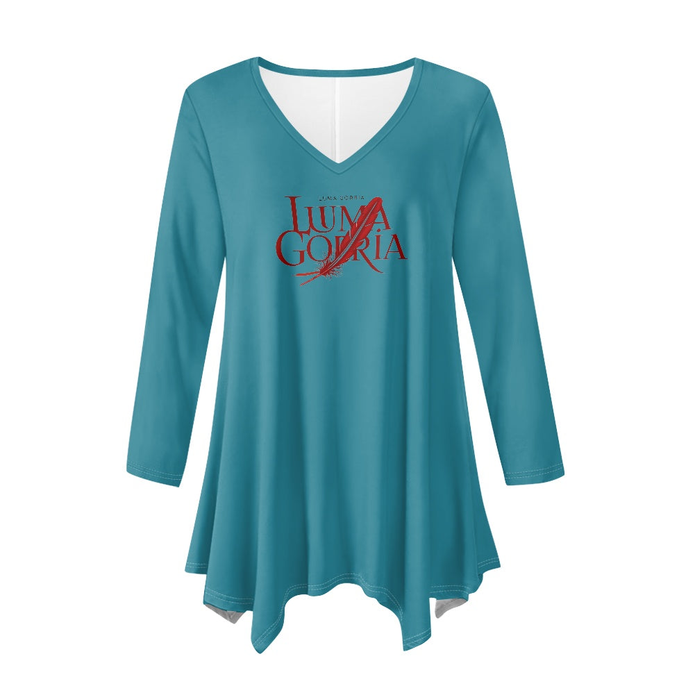 Haut long asymétrique femme – Col V, manches longues, élégant Luma Gorria vêtement  Haut long asymétrique femme Luma Gorria vêtement