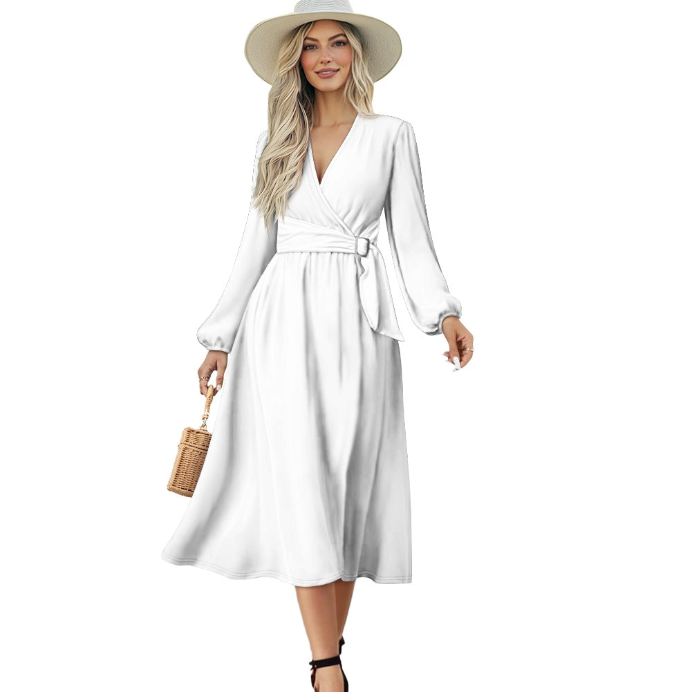 Robe midi élégante à col V avec ceinture nouée