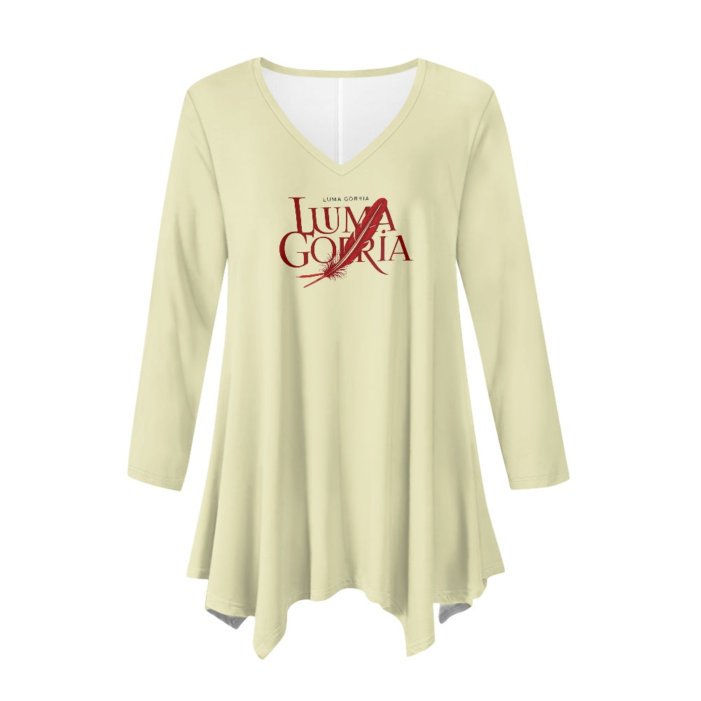 Haut long asymétrique femme – Col V, manches longues, élégant Luma Gorria vêtement  Haut long asymétrique femme Luma Gorria vêtement