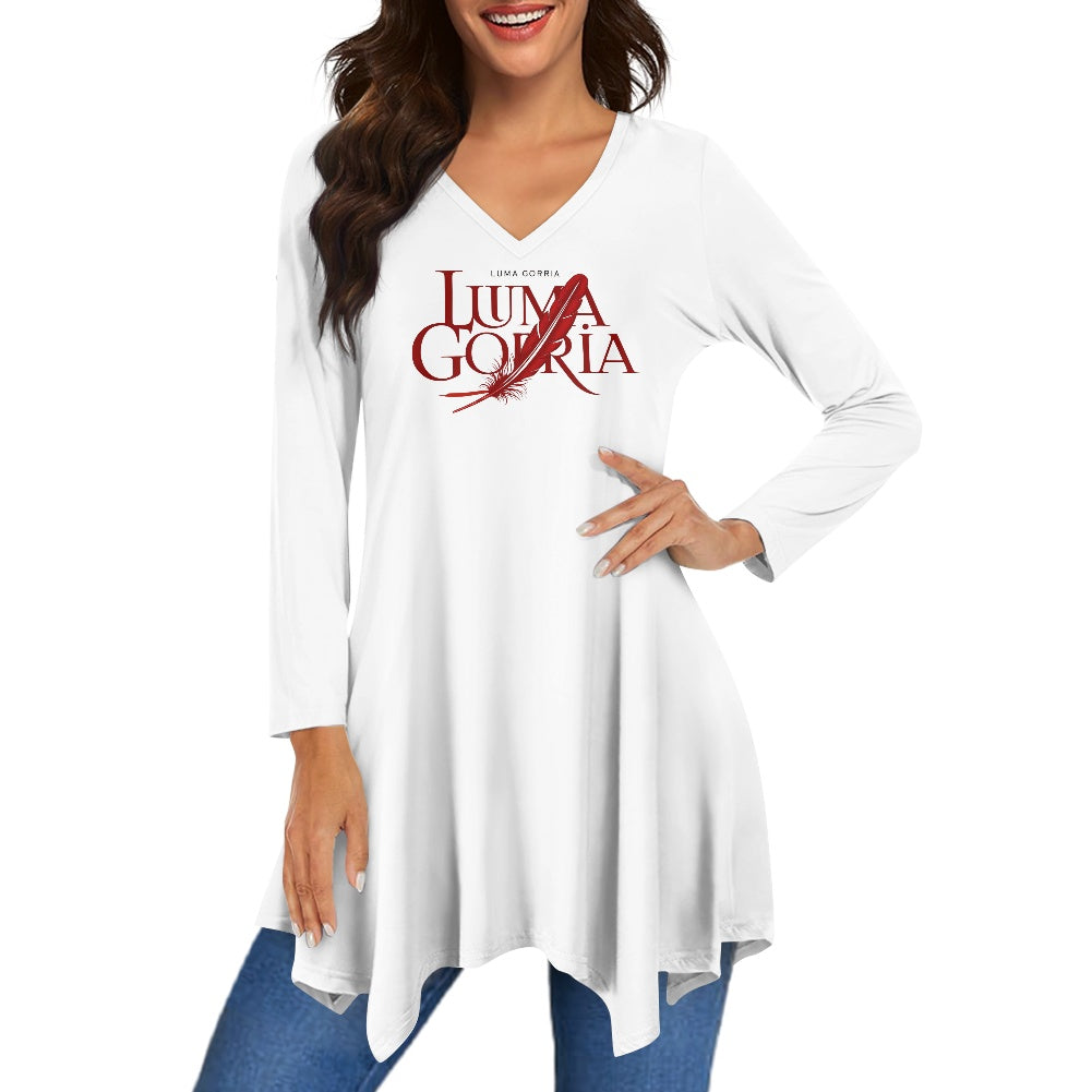 Haut long asymétrique femme – Col V, manches longues, élégant Luma Gorria vêtement 36.00 Haut long asymétrique femme Luma Gorria vêtement