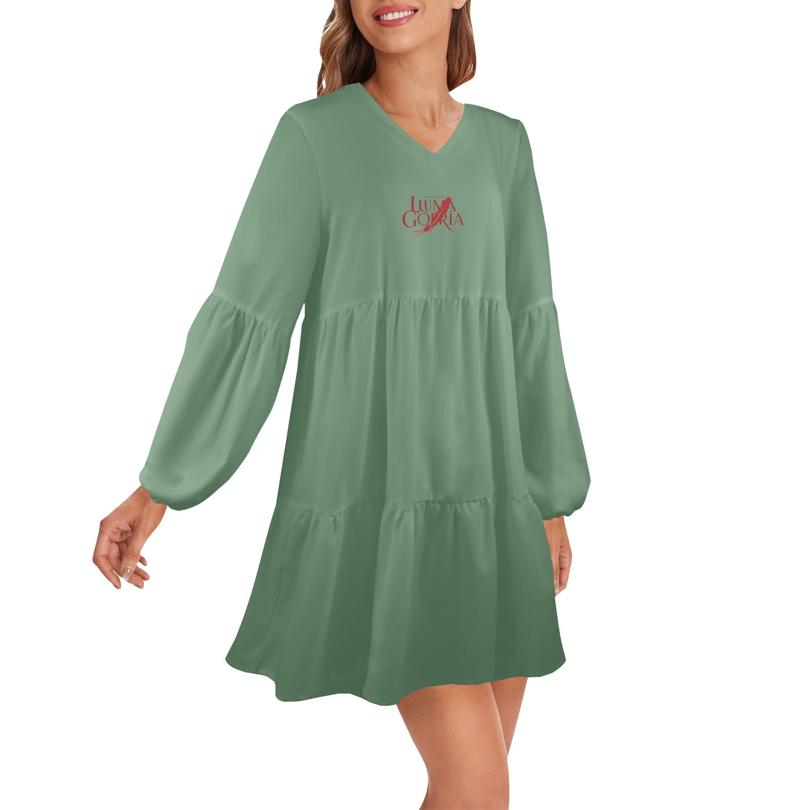 Robe ample femme – Col V profond, manches longues, style chic