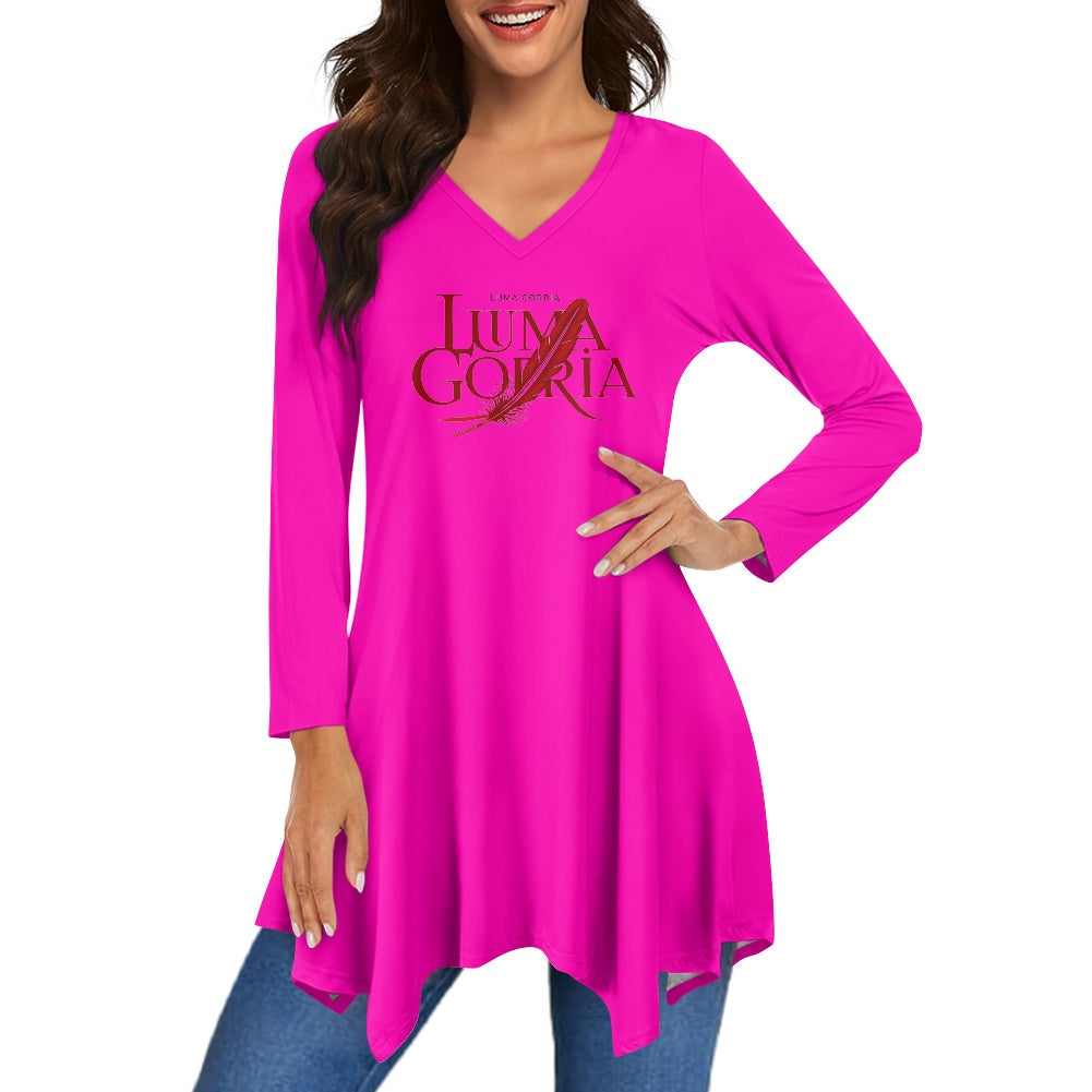 Haut long asymétrique femme – Col V, manches longues, élégant Luma Gorria vêtement 36.00 Haut long asymétrique femme Luma Gorria vêtement
