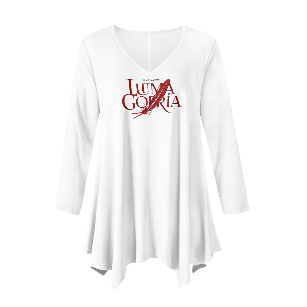 Haut long asymétrique femme – Col V, manches longues, élégant Luma Gorria vêtement  Haut long asymétrique femme Luma Gorria vêtement