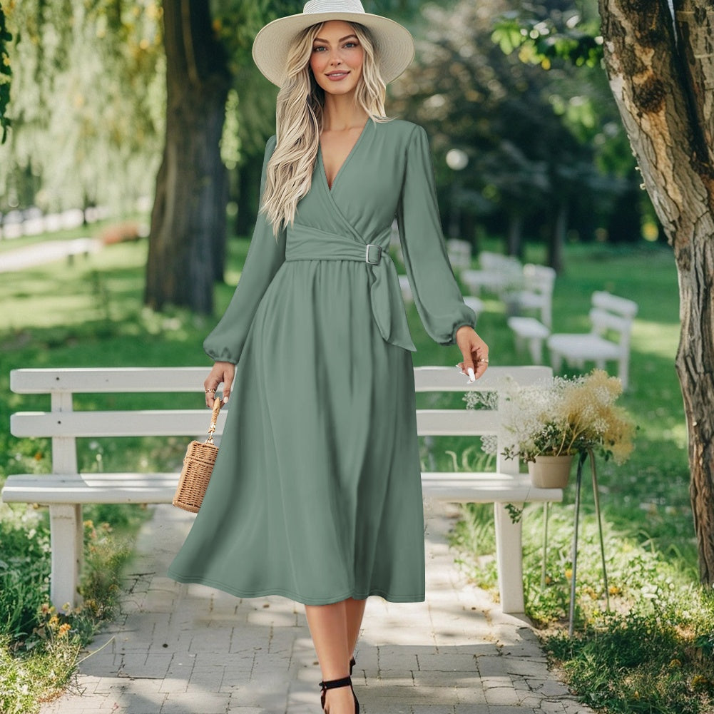 Robe midi élégante à col V avec ceinture nouée