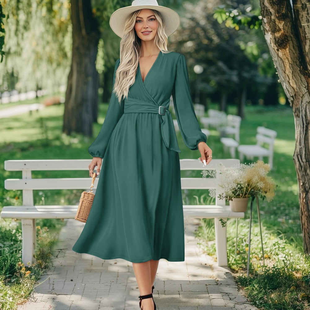 Robe midi élégante à col V avec ceinture nouée