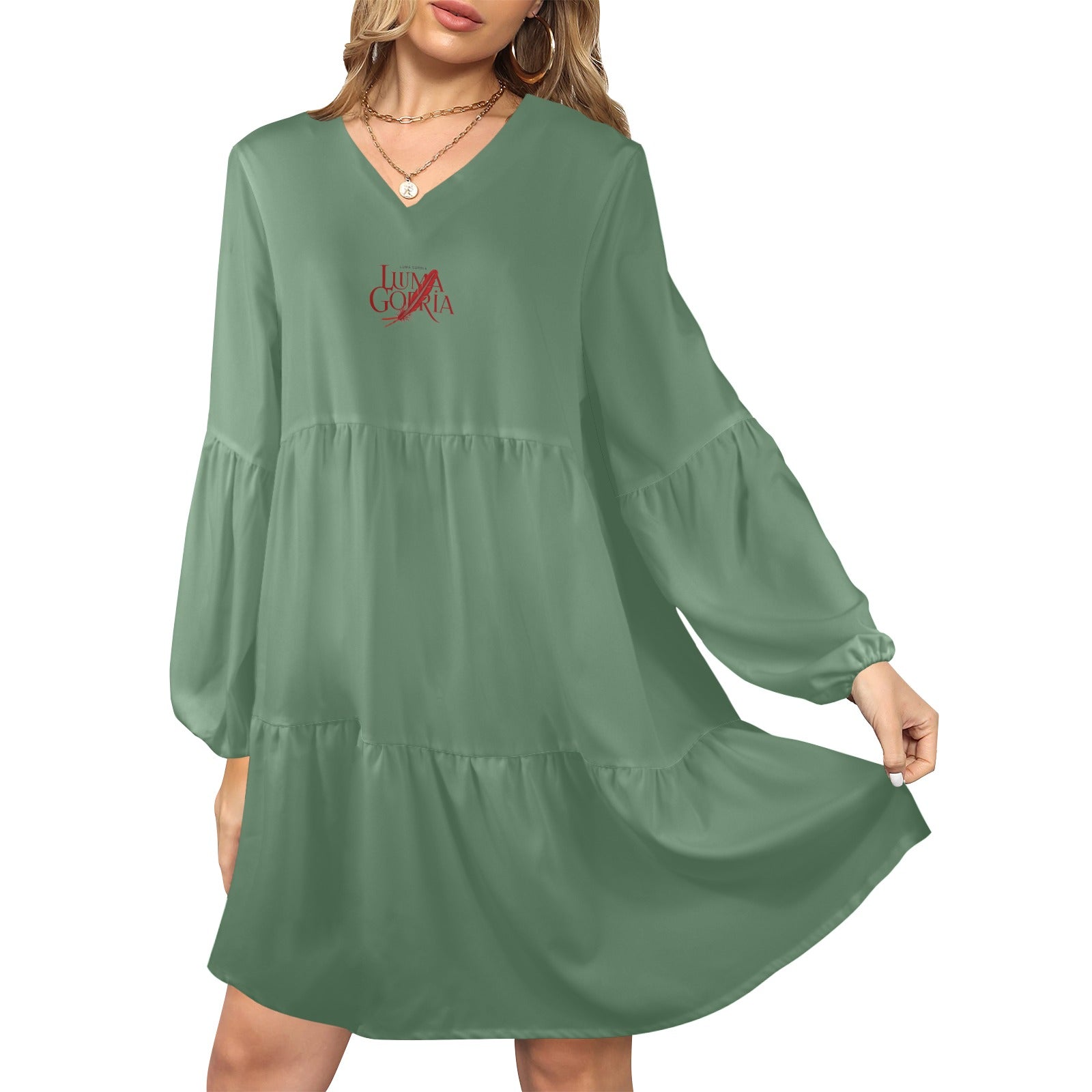 Robe ample femme – Col V profond, manches longues, style chic