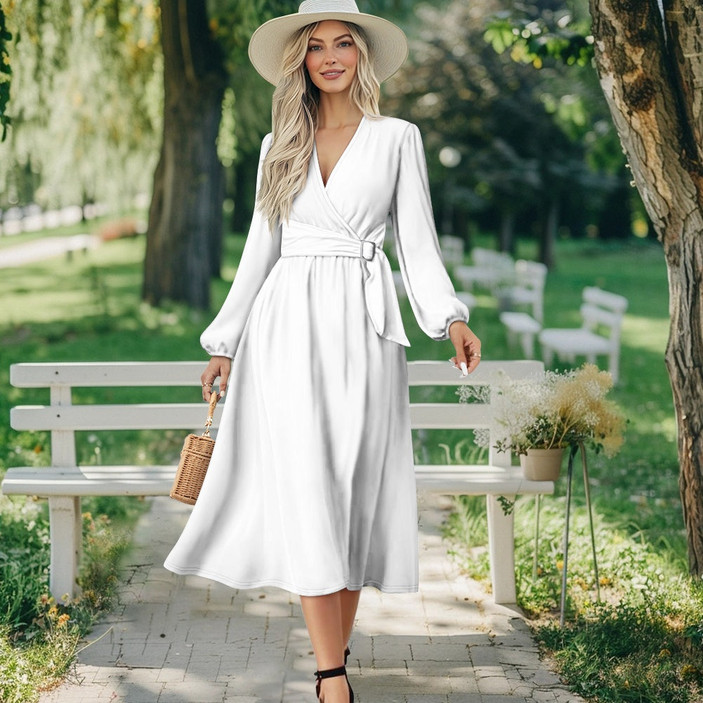 Robe midi élégante à col V avec ceinture nouée