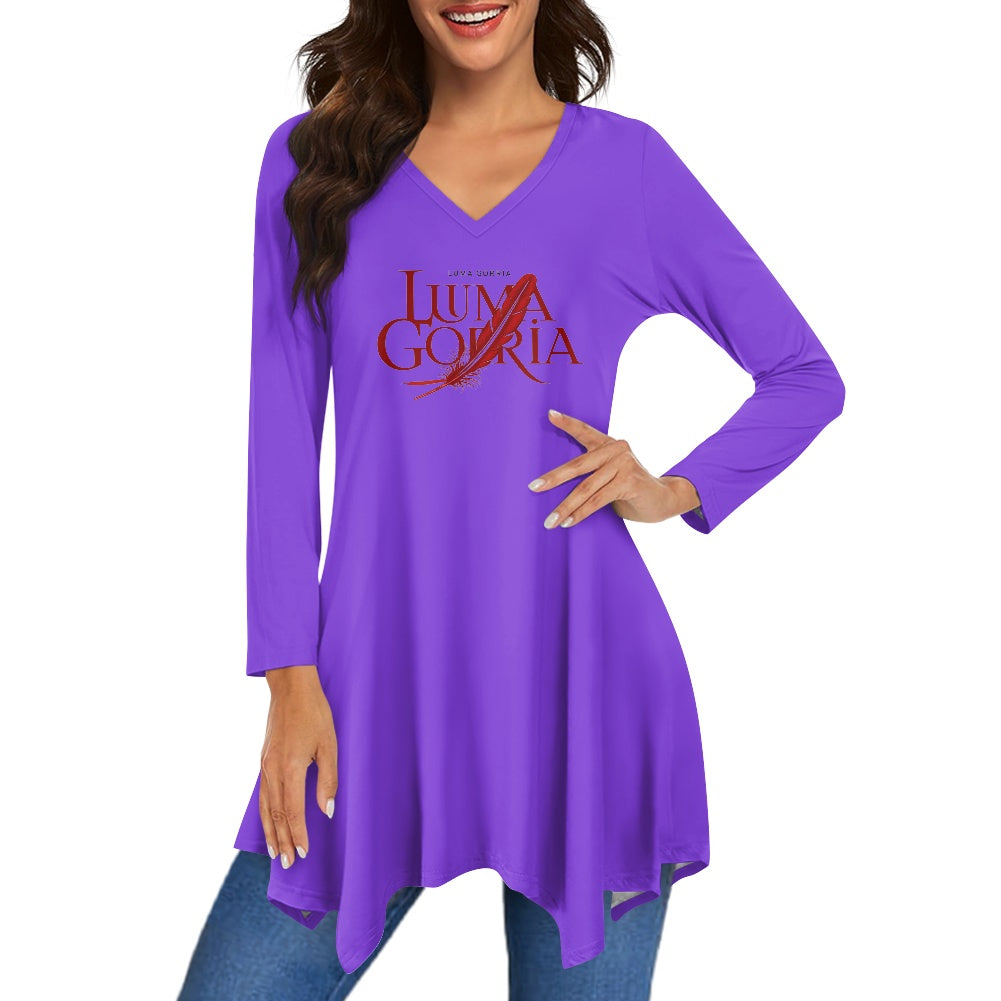 Haut long asymétrique femme – Col V, manches longues, élégant Luma Gorria vêtement 36.00 Haut long asymétrique femme Luma Gorria vêtement