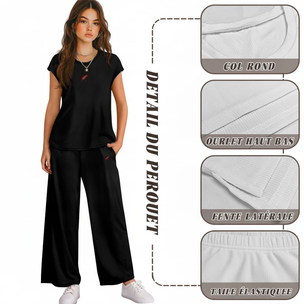 Ensemble femme pantalon large & haut col rond – Confort & style décontracté