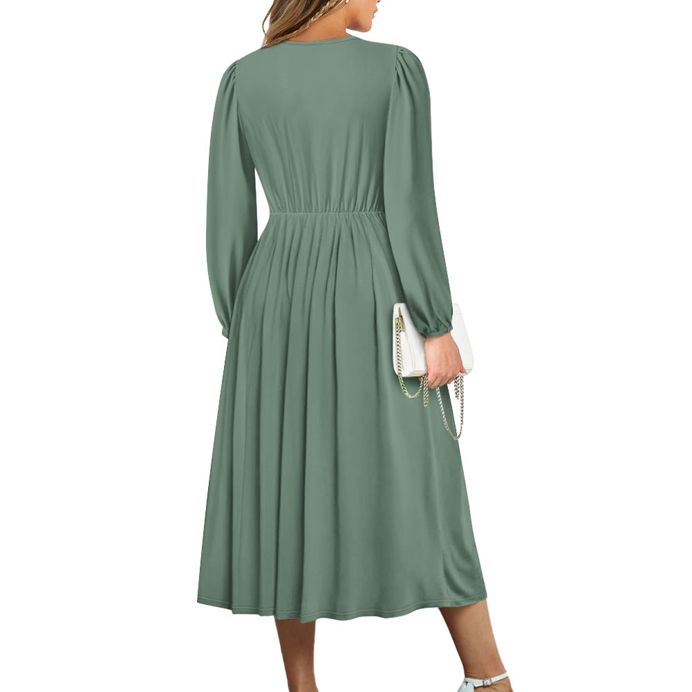Robe midi élégante à col V avec ceinture nouée