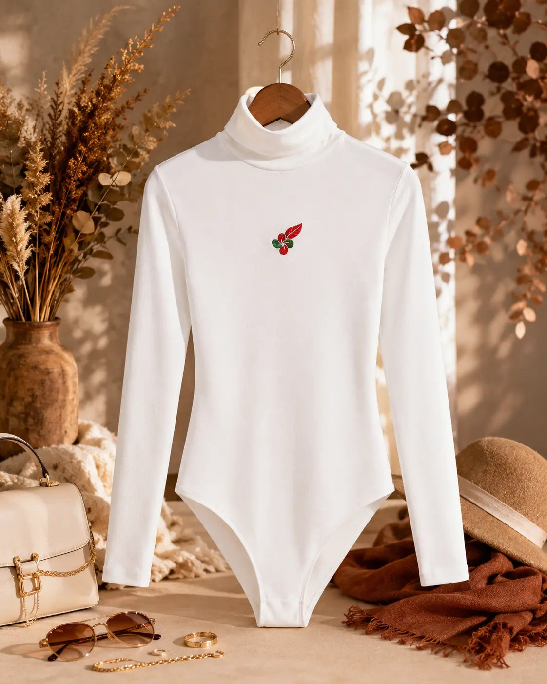 Body extensible à col roulé et manches longues pour femme non porte présenter sur cintre de face couleur blanc