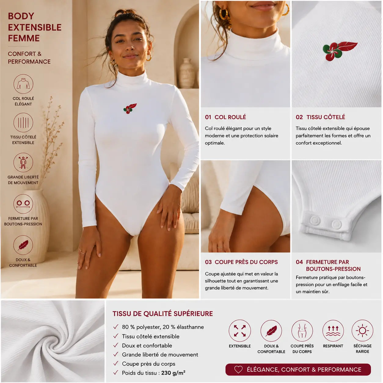 Body extensible à col roulé et manches longues pour femme non porter détail du produit de couleur blanc