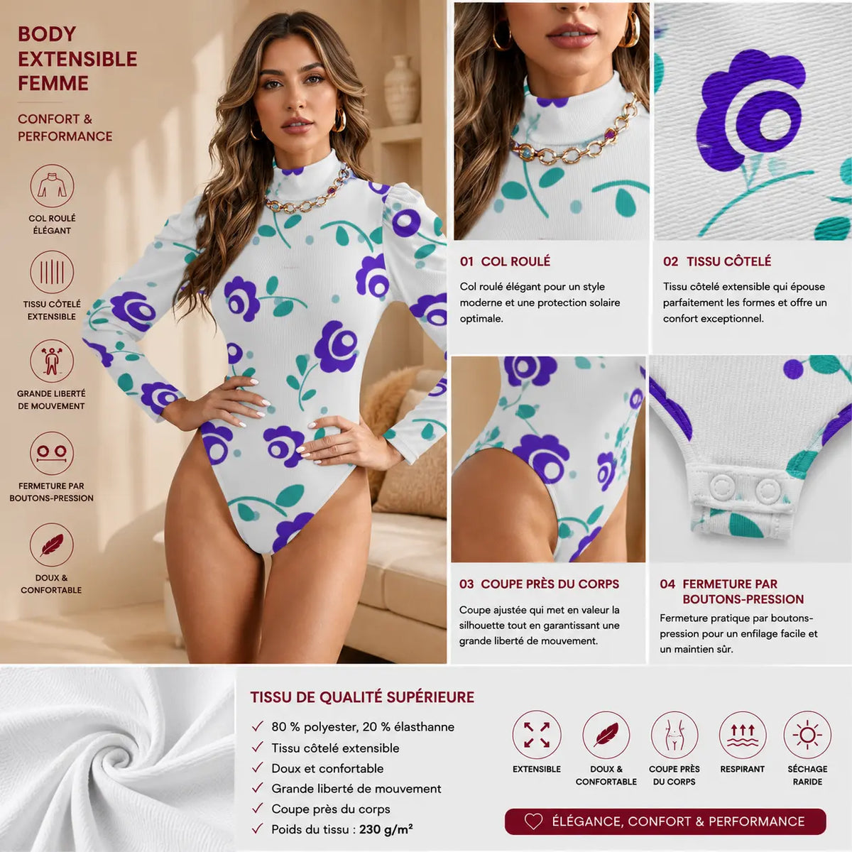 Body femme col roulé à manches bouffantes non porter de face details du produit couleur violet