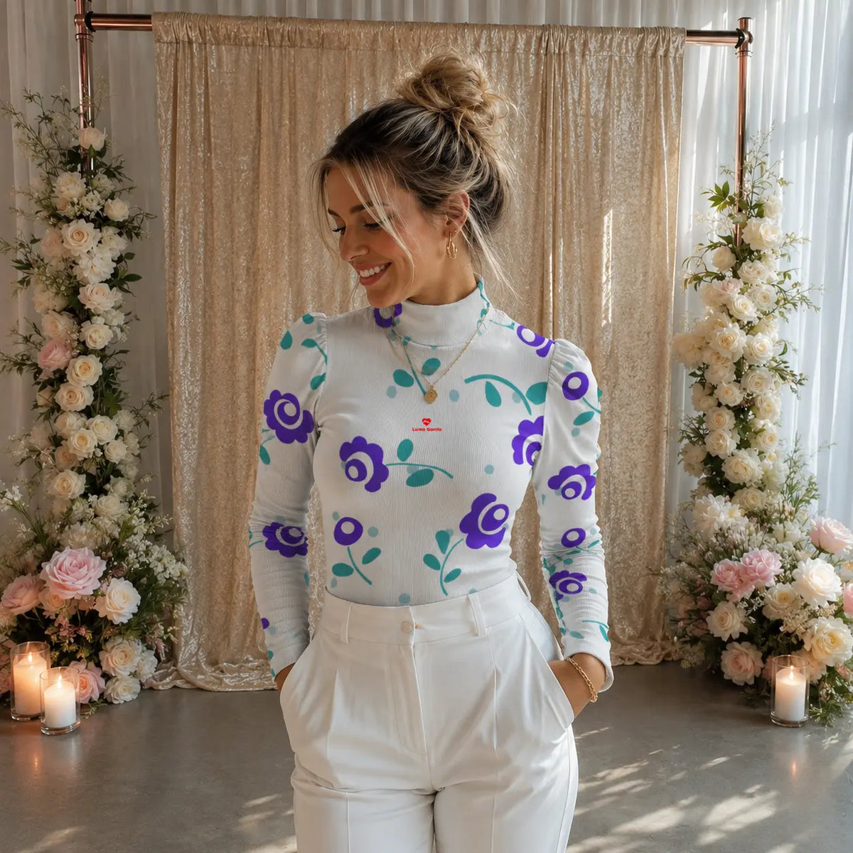 Body femme col roulé à manches bouffantes porter de face violet
