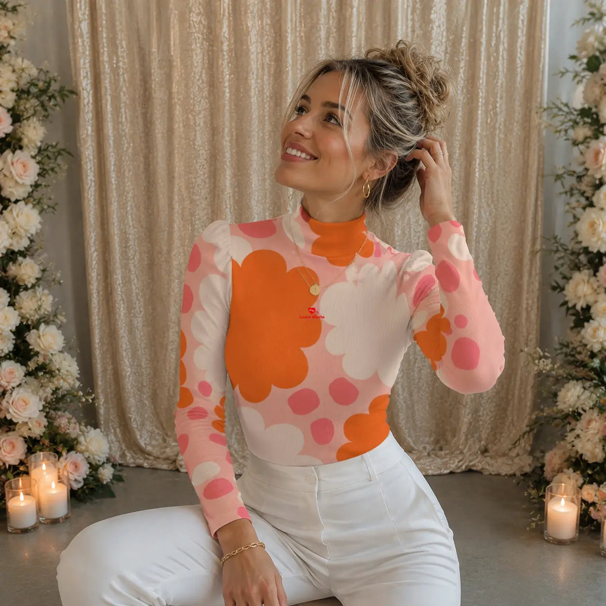 Body femme col roulé à manches bouffantes porter de face couleur orange