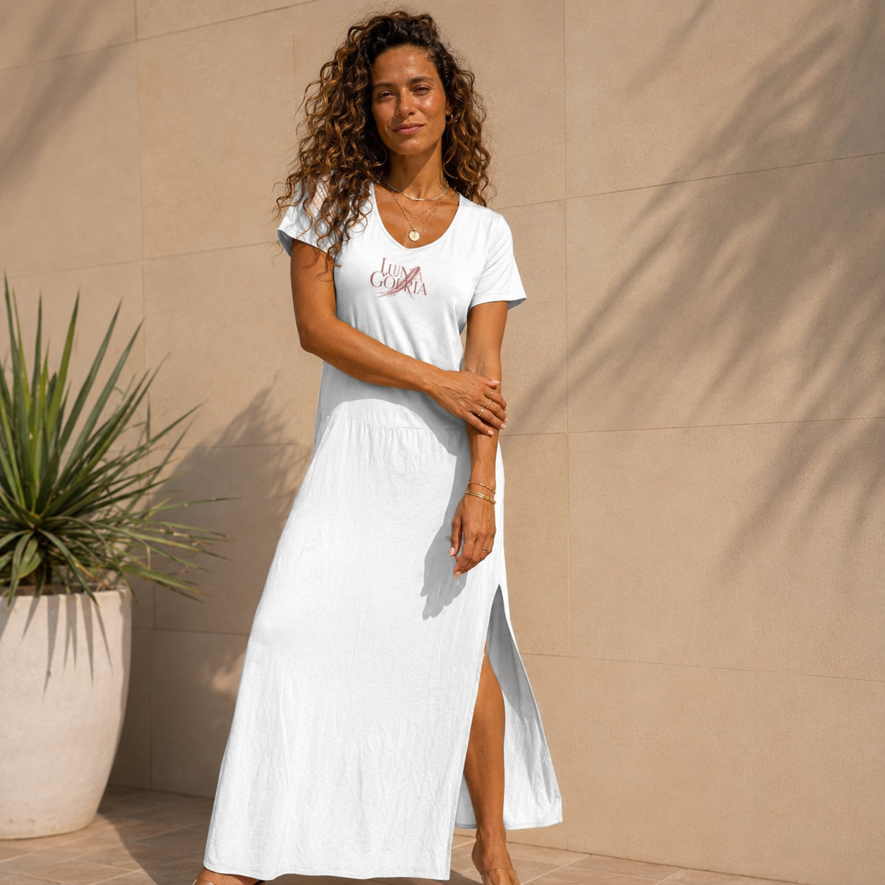 Robe longue ample femme col V manches courtes –  Unie. Fraîcheur & élégance