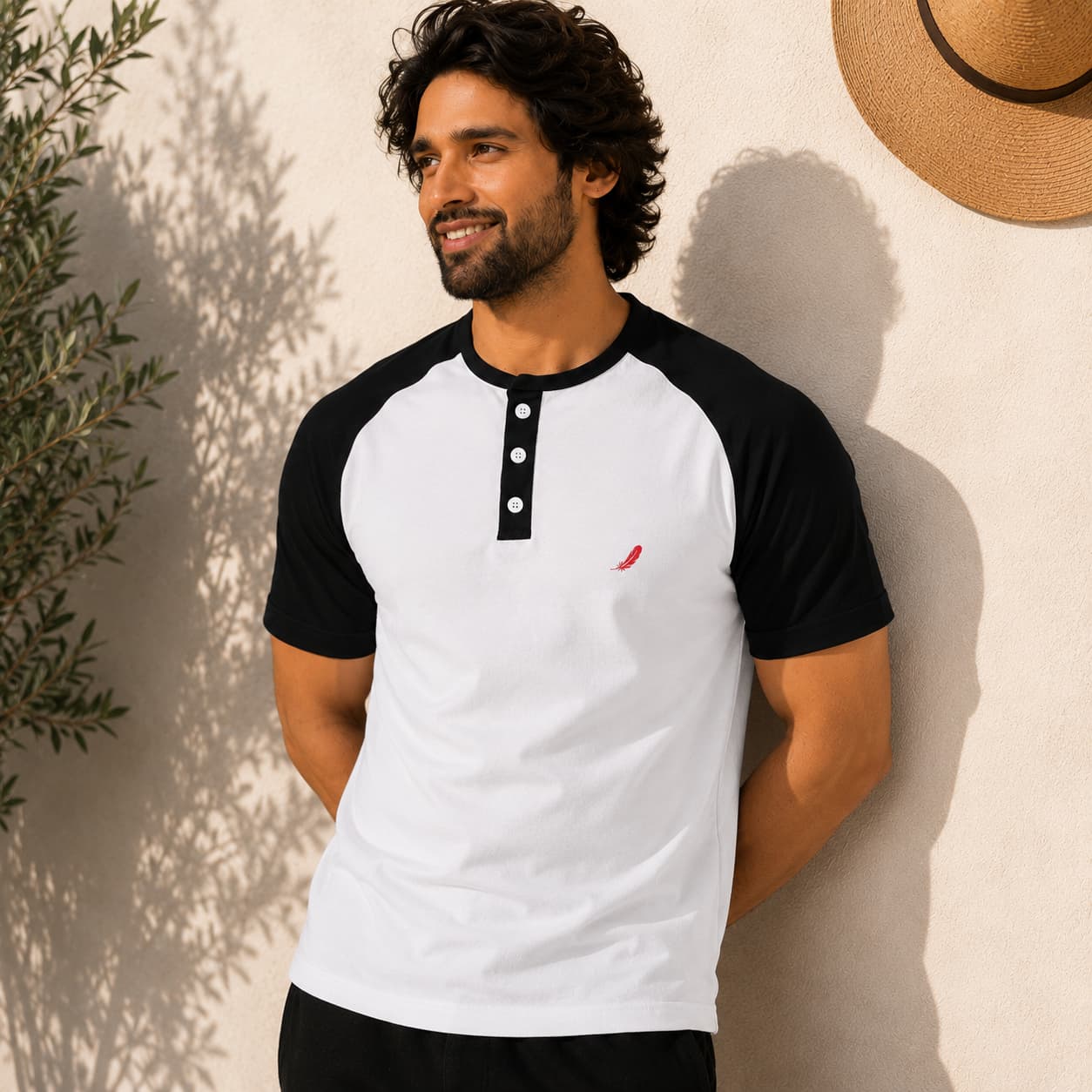 T-shirt homme manches raglan avec fermeture boutonnée – Style casual & confort