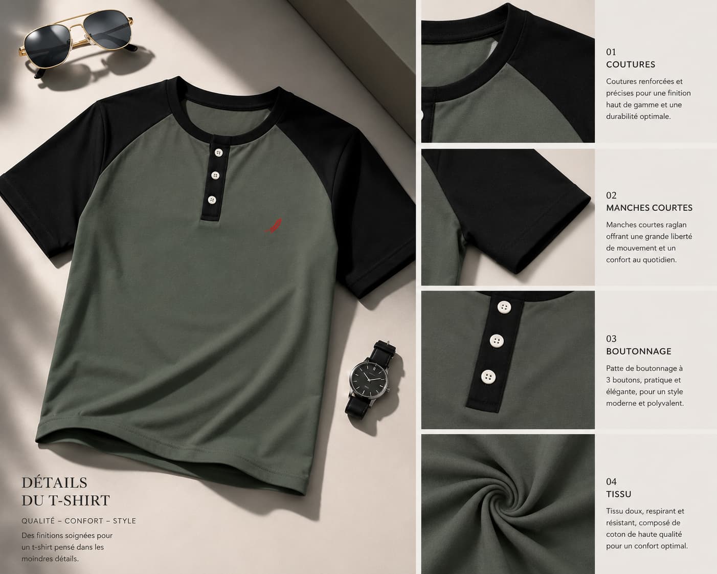 T-shirt homme manches raglan avec fermeture boutonnée – Style casual & confort
