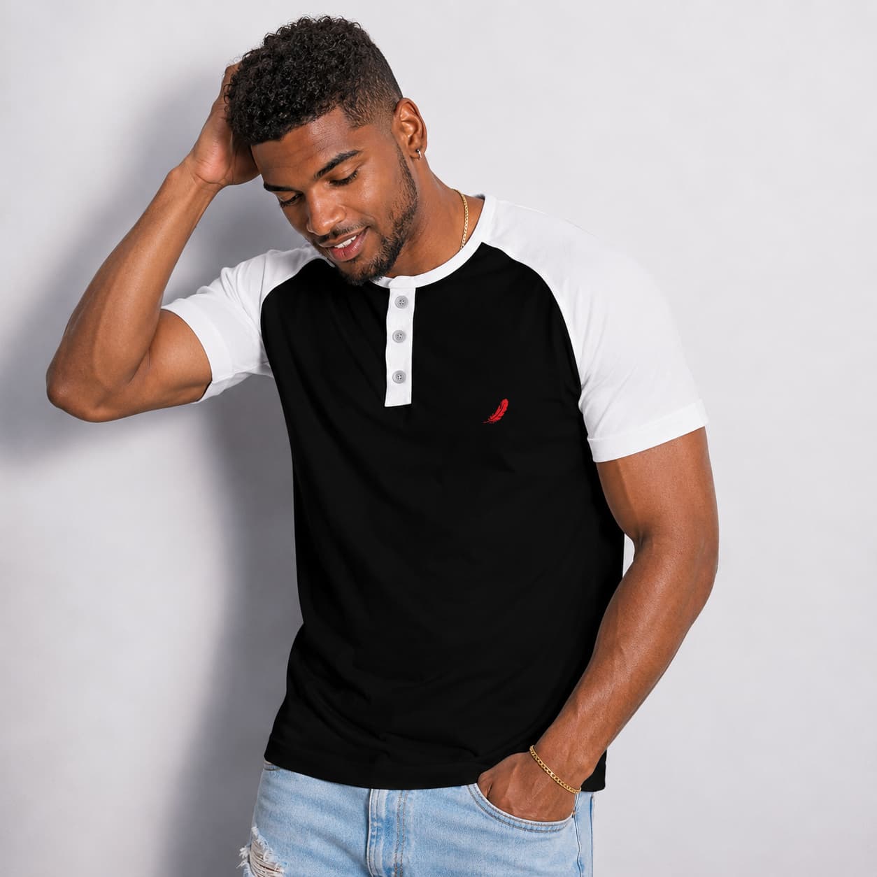 T-shirt homme manches raglan avec fermeture boutonnée – Style casual & confort