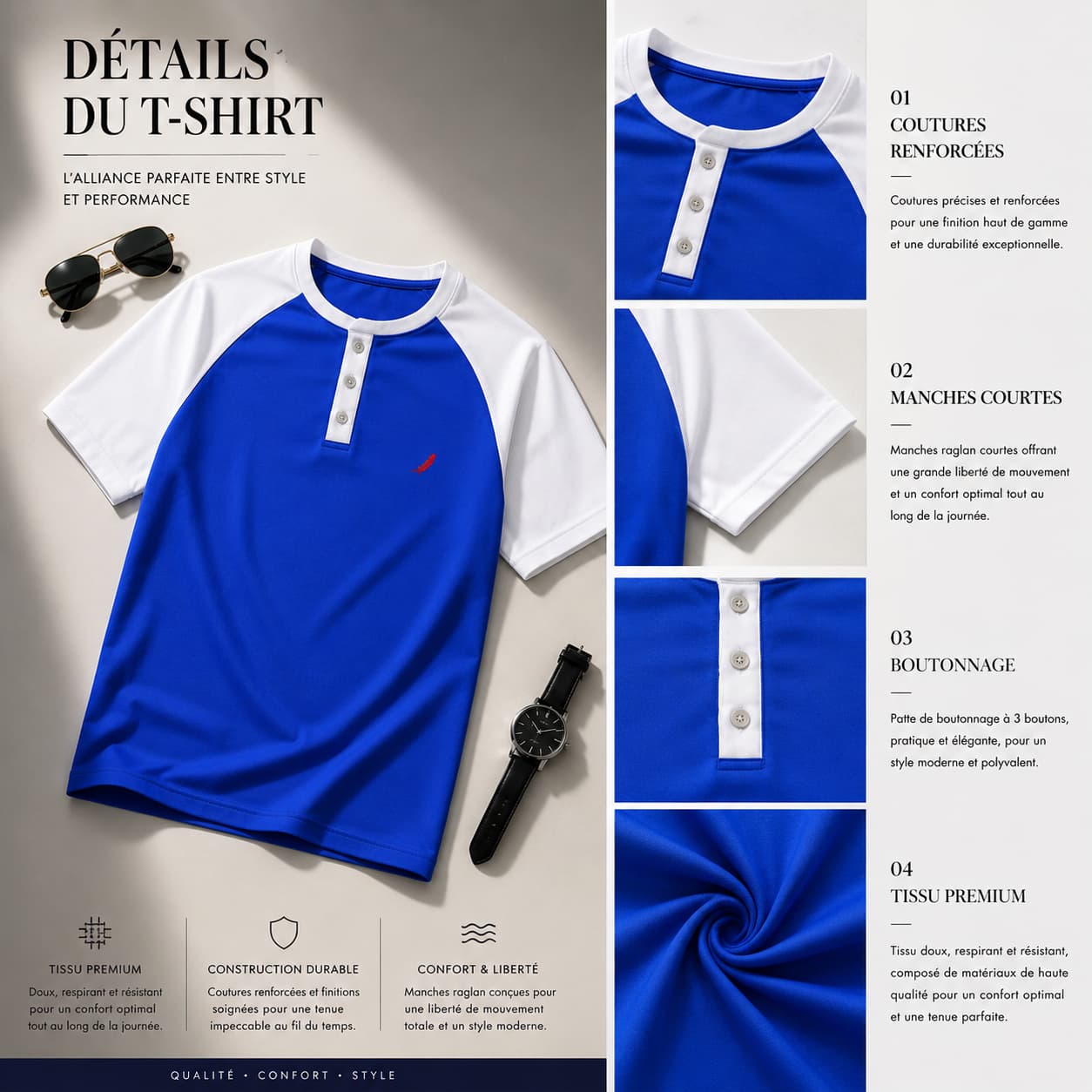 T-shirt homme manches raglan avec fermeture boutonnée – Style casual & confort